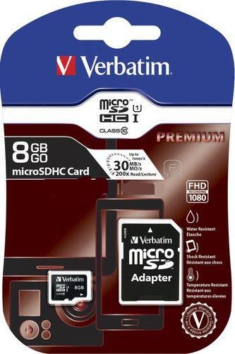 картка пам'яті Verbatim microSDHC 8GB Class 10 UHS-I + SD adapter | Купити в інтернет магазині