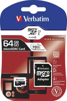 Карта памяти Verbatim microSDXC 64GB Class 10 Premium UHS-I 466x + SD adapter
