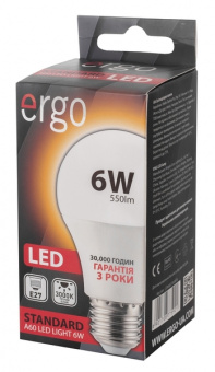Світлодіодна LED лампа Ergo E27 6W 3000K, A60 (теплий)