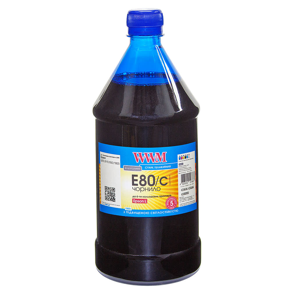 Чорнило WWM E80/C Epson L800/L810/L850/L1800 (Cyan) 1000г Світлостійкі | Купити в інтернет магазині