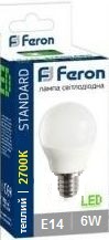 Светодиодная LED лампа Feron E14 6W 2700K, P45 LB-745 Standart (теплый)