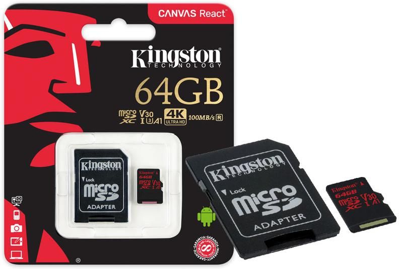 Карта пам'яті Kingston microSDHC 64GB Class 10 UHS-I U3 + SD adapter 100MbS | Купити в інтернет магазині
