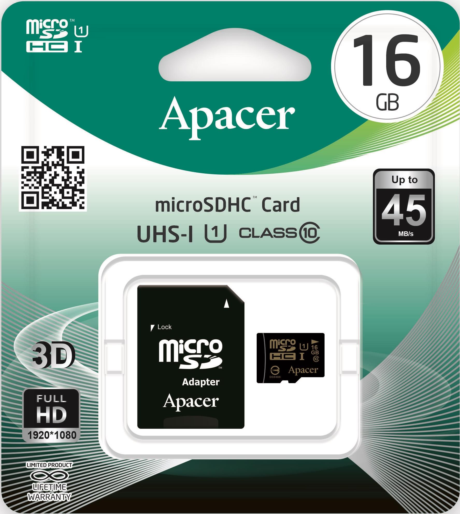 Карта пам'яті APACER microSDHC 16GB Class 10 UHS-I+SD adapter | Купити в інтернет магазині