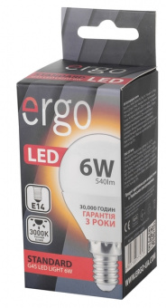 Светодиодная LED лампа Ergo E14 6W 3000K, G45 (теплый)