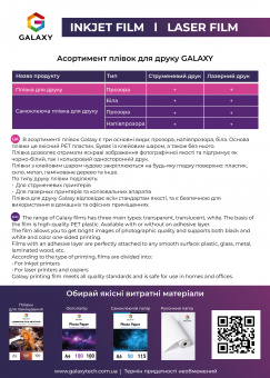 Самоклеюча плівка Galaxy А4 (200л) 80мкм, Струменевого друку, Прозора водостійка