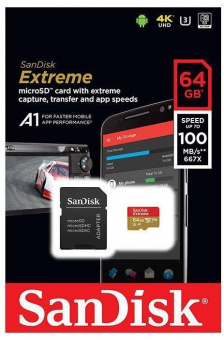 карта памяти SANDISK microSDXC 64GB EXTREME A1 card Class 10 UHS 3