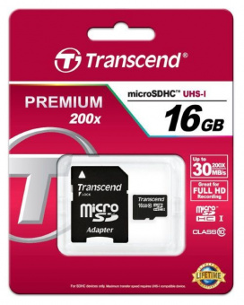 Карта пам'яті Trancend microSDHC 16GB Class 10 UHS-I Premium 200x+SD adapter