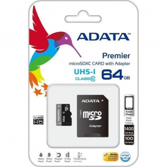 Карта памяти A-DATA Premier microSDHC 64GB Class 10 UHS-I + SD adapter