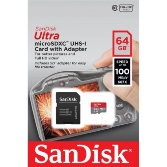 карта памяти SANDISK microSDXC 64GB A1 card Class 10 UHS I + adapter