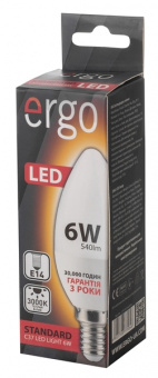 Світлодіодна LED лампа Ergo E14 6W 3000K, C37 (теплий)