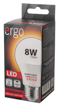 Світлодіодна LED лампа Ergo E27 8W 3000K, A60 (теплий)