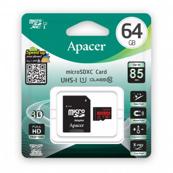 Карта памяти APACER microSDHC 64GB Class 10 UHS-I + SD adapter