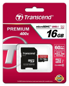 Карта памяти Trancend microSDHC 16GB Class 10 UHS-I Premium 400x + SD adapter