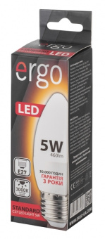 Светодиодная LED лампа Ergo E27 5W 3000K, C37 (теплый)